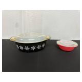 Pyrex Snowflake Black Casserole and Red Bowl Set