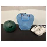Bowling Ball, Size 9.5 Shoes, and Carrying Bag Set