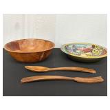 Wooden Salad Set with Vintage Decorative Bowl