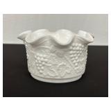 White Milk Glass Bowl with Grape and Vine Design