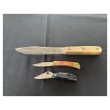 Set of Three Knives with Wooden and Metal Handles