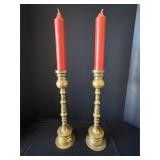 Pair of Brass Candlesticks with Red Tapers
