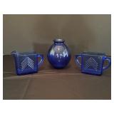 Glass Creamer, Sugar Bowl, and Vase Set