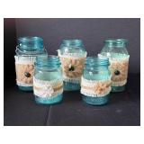 Five Blue Glass Jars with Burlap Accents