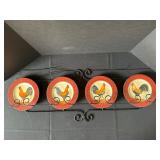 4 Rooster-Themed Plates with Metal Rack