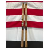 Pair of Vintage Wooden Maple Skis with Bindings