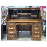 Oak Roll-Top Desk With Multiple Drawers