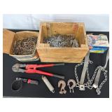 Assortment of Chains, Tools, and Tire Chains