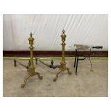 Brass Andirons and Cast Iron Fireplace Trivet