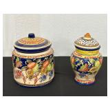 Set of Two Hand-Painted Ceramic Jars with Lids