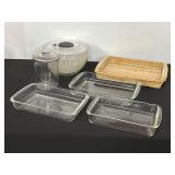 Assorted Kitchen Items With Glassware and Basket