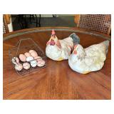 Chicken Figurines with Wire Basket and Eggs