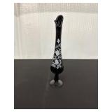 Fenton Black Glass Vase with Floral Design