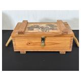 Wooden Box With Dog Motif and Rope Handles