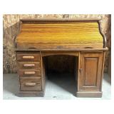 Oak Roll-Top Desk With Drawers and Cabinet