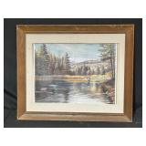 Framed Landscape Fishing Scene Painting