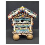 Decorative Beaded Birdhouse on Wooden Base