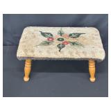Wooden Footstool with Hooked Wool Top
