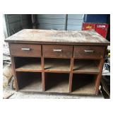Wooden Workbench with Drawers and Shelves