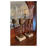 Pair of brass and marble lamps, with hanging cut