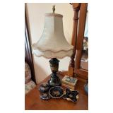 Japanese decorated metal table, lamp, music box,