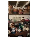 Three shelf lot, flowerpots, copper kettle,