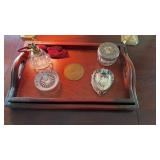 Two small serving trays with brass Chinese