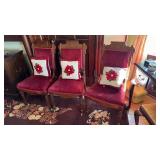 3 victorian side chairs with red burgundy, velvet
