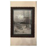 Antique framed print, sheep herder  in the snow