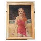 Large 1949 original Oil Painting redhead with red