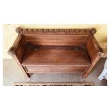 Antique wood seat, bench, with storage inside,
