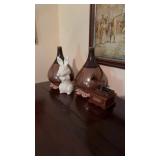 Two brown, matching bases, teardrop, design,