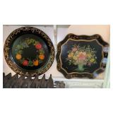 2 vintage tole trays , one round tray with a