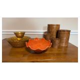 Vintage wood canister, set, orange, glass,