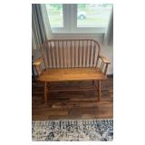 Solid Oak bench , settee which side, arms, slat