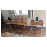 2 wood top side tables, with cast aluminum legs