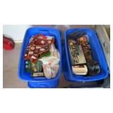 2 blue tubs of Holiday and Christmas decorations,