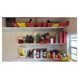 Paint and tool lot, three shelves right hand side