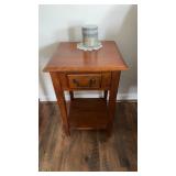 Small solid wood side table with a fake drawer