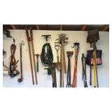 Group lot of garden tools, everything hanging on