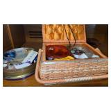 Sewing basket & tin box with thread, scissors, and
