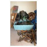 Blue tub lot that includes a 3 foot wooden
