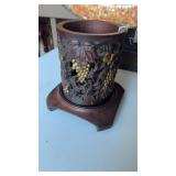 Antique carved bamboo brush pot, with grape