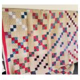 Large vintage hand sewn quilt, Nine patch quilt
