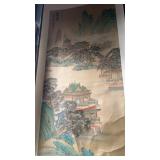 Long painted silk scroll, Chinese homes along the