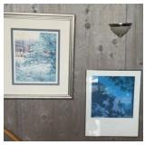 2 large framed prints , snowy tree and a house on