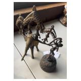 Two antique brass items, one person like figure