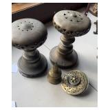 4 antique brass items, two are marked footrest,