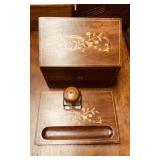 2 desk set pieces, inlaid carved wood, standing