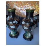 Matched pair Chinese cloisonnï¿½ vases on carved